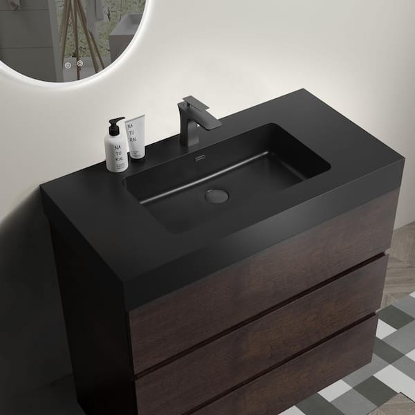 36 in. Single Sink Freestanding Rose Wood Bath Vanity with Black Solid Surface Top Unassembled without Drain and Faucet