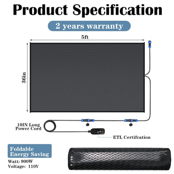 5 ft. x 36 in. Heated Snow Melting Mats Outdoor Anti-Slip Heated Driveway Snow Melting Mats Ramps with Power Cord