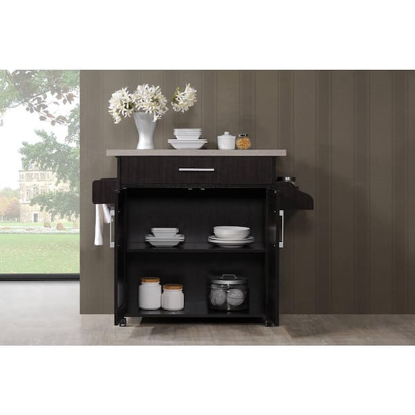 HODEDAH Chocolate-Grey Kitchen Island with Spice Rack and Towel
