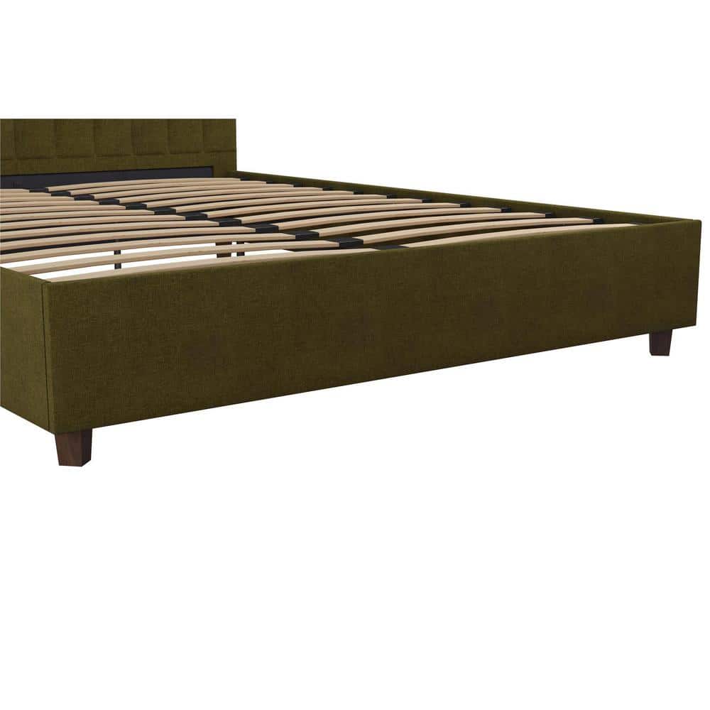 Green Linen Upholstered Queen Platform Bed with Oak Legs
