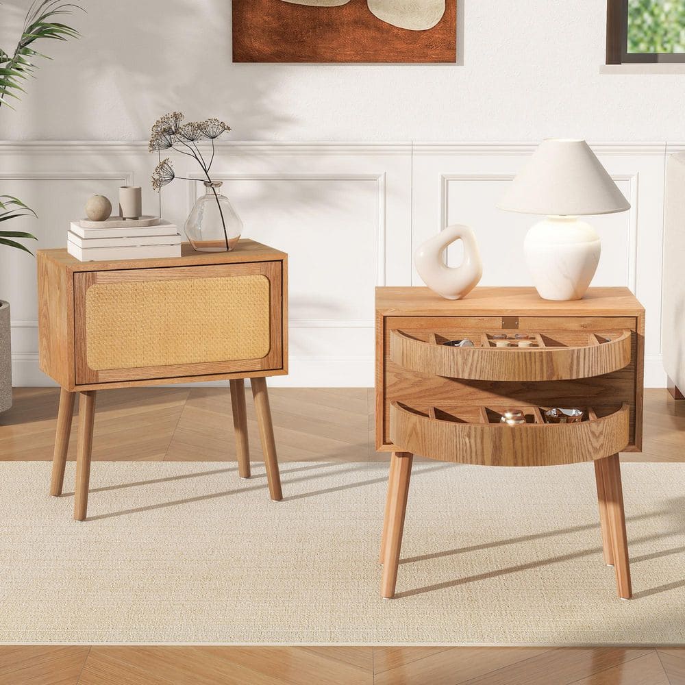 Two natural finish nightstands, one with a closed rattan front and one with open rotating drawers.