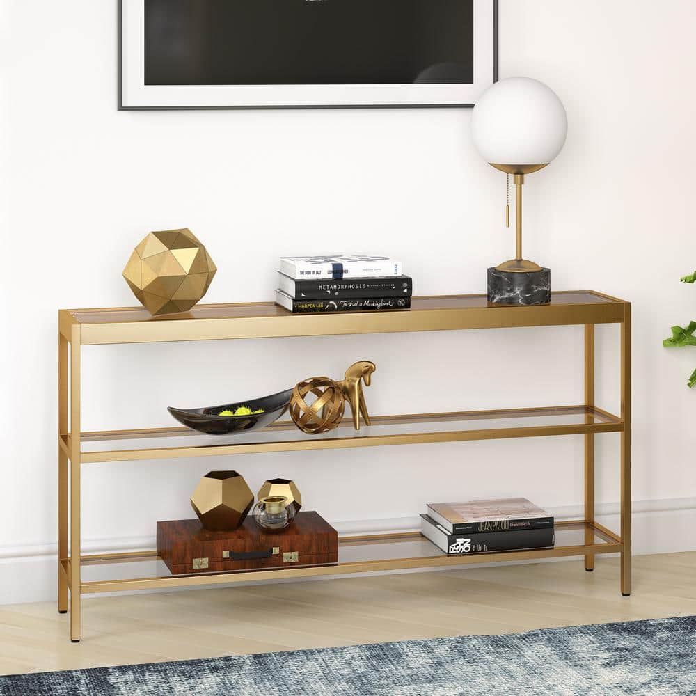55-Inch Brass Metal and Glass Console Table with Storage