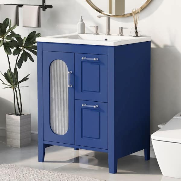 24 in. Single Sink Freestanding Blue Bath Vanity with White Ceramic Top Unassembled