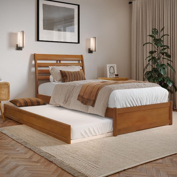 AFI Emelie Light Toffee Natural Bronze Solid Wood Frame Twin XL Platform Bed with Panel Footboard and Twin XL Trundle