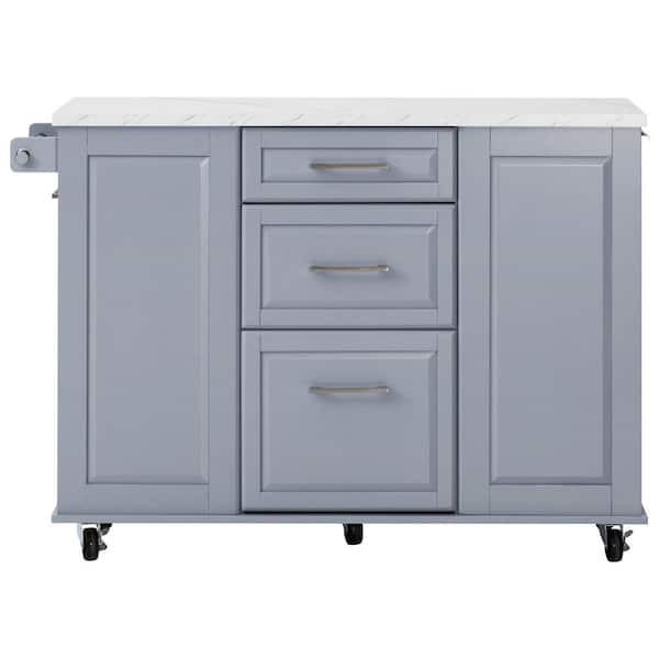 Gray Blue Wood 50.7 in.Kitchen Island with 5-Wheels and Drop Leaf, 2-Drawers