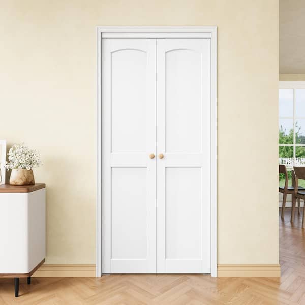 36 in. x 80 in. Arch 2 Panel White Solid Core Composite MDF Wood Interior Bi-fold Door + Pivot Door W/ 2-Type Hardware