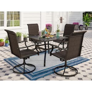 5-Piece Patio Outdoor Dining Set with Square Mesh Tabletop and Rattan Swivel Chair