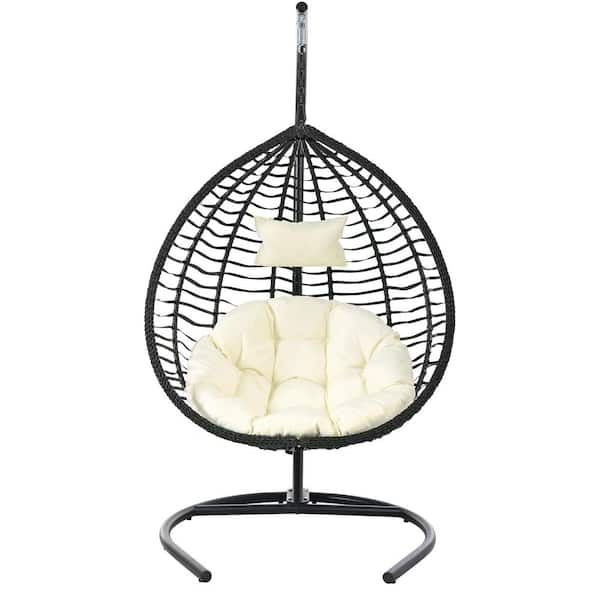 6.5 ft. Black Wicker Outdoor Foldable Rattan Hammock Egg Chair With Iron Frame Stand & Beige Cushion, Removable Headrest