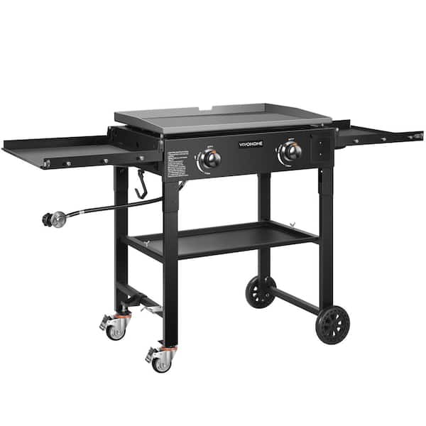 Portable 2-Burner 30,000 BTU Flat Top Propane Gas Grill in Black with Foldable Legs