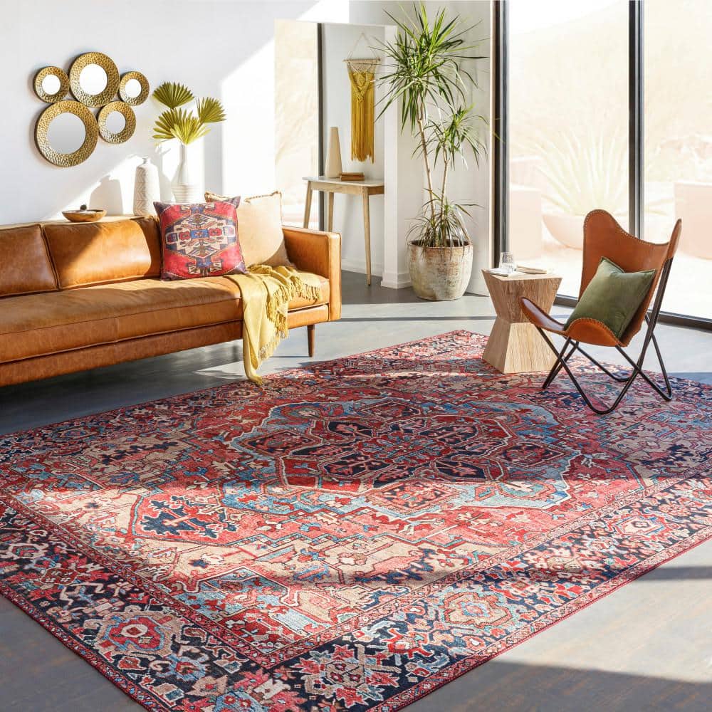 Bright Red Square Medallion Synthetic Area Rug
