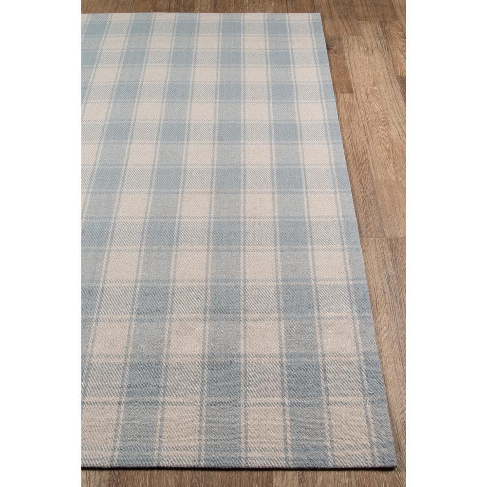 Light Blue and Ivory Handwoven Wool Plaid Area Rug 5' x 8'