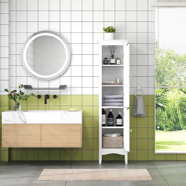 15 in. W x 13 in. D x 63 in. H White Tall Bathroom Linen Cabinet Narrow with 2 Doors & Adjustable Shelf