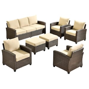 Pirani Brown 7-Piece Wicker Outdoor Patio Conversation Seating Set with Beige Cushions