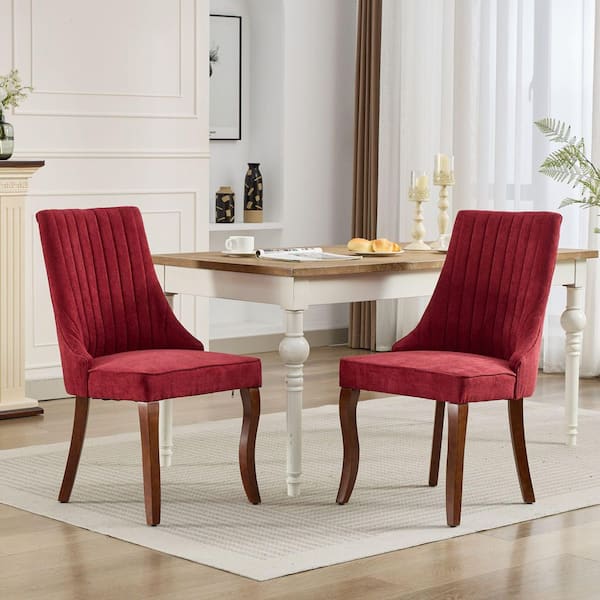 WONDER COMFORT Wine Red Flocking Linen Channel Upholstered Dining Chairs Set of 2 with Curved Solid Wood Legs for Dining Room