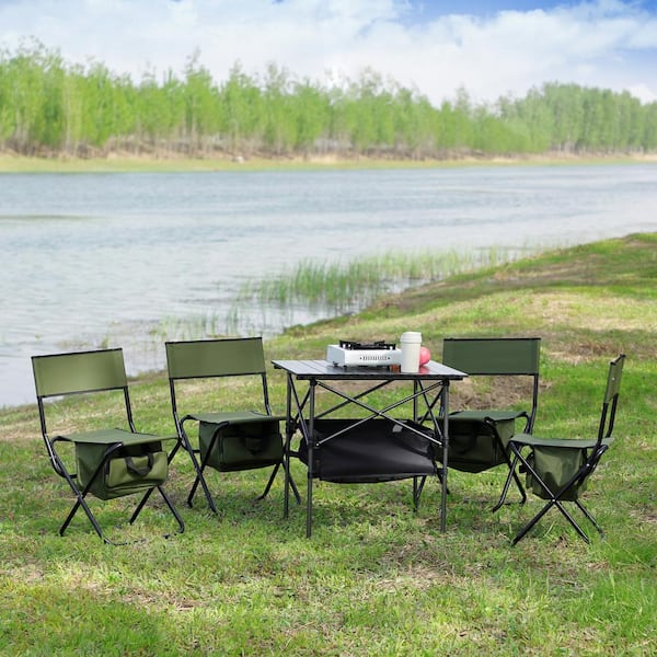 5-Piece Green Aluminum Folding Outdoor Lawn Chairs with
