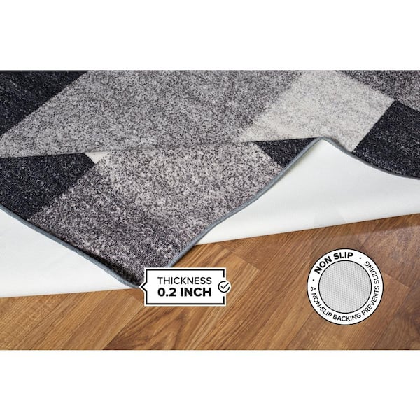 Geometric Boxes Design Non-Slip (Non-Skid) Gray 2 ft. 7 in. x 12 ft. Indoor Runner Rug