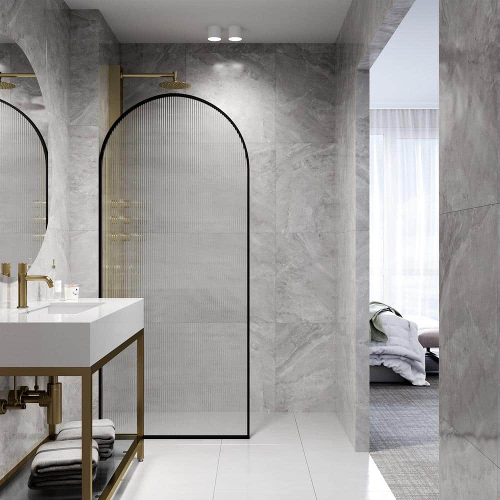 Arden 34" Matte Black Fluted Glass Shower Screen
