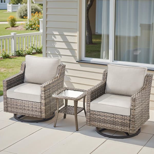 Hort 3-Piece Gray Wicker Outdoor Rocking Chair Set Patio Swivel Glider Lounge Chairs with Beige Cushions and Side Table