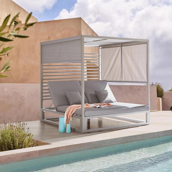 DEKO LIVING Avola Aluminum Outdoor Square Patio Day Bed with Cushions Gray