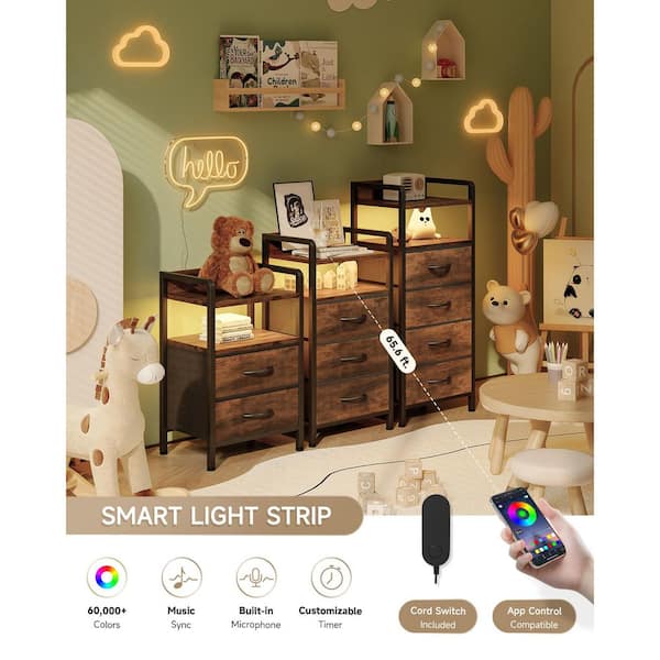 Flex Core Brown 3-Drawer 15.6 in. W Modern Nightstand with Charging Station and LED Light Strip