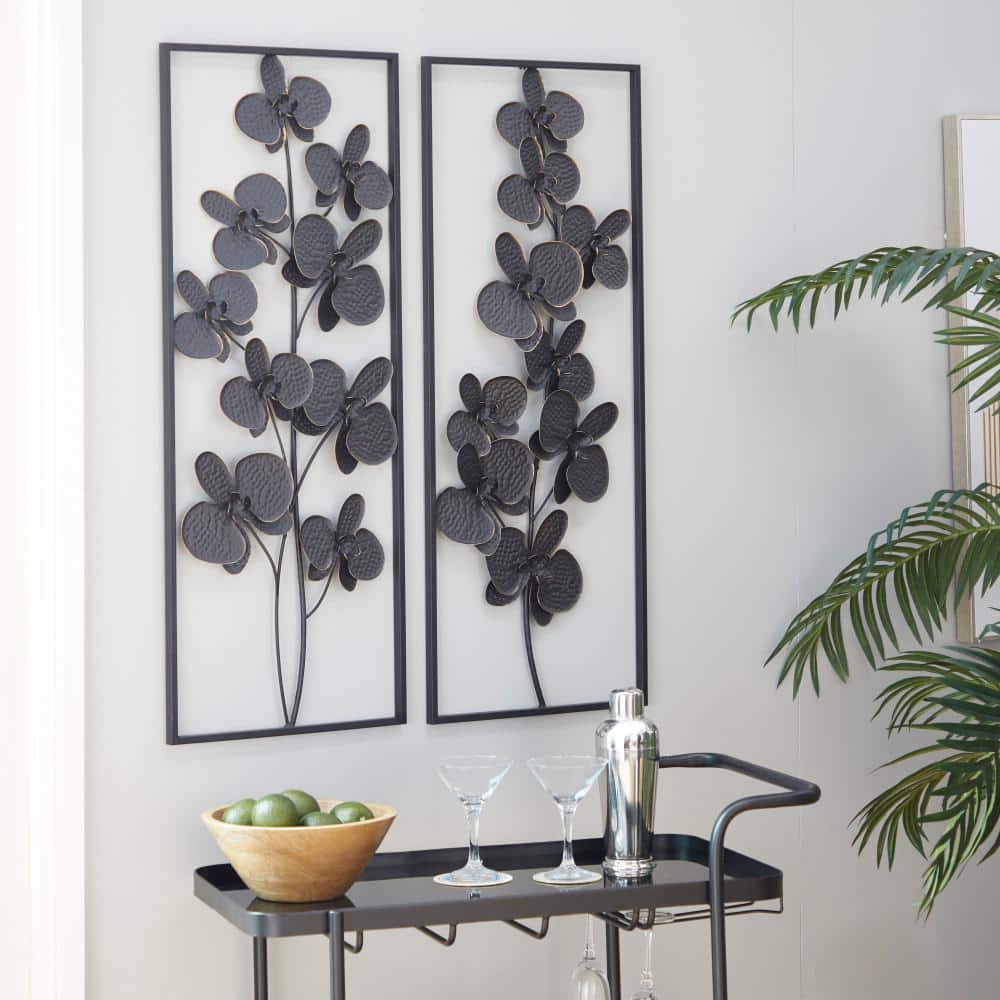 Elegant Black Orchid Metal Wall Sculpture Set, 14"W x 36"H