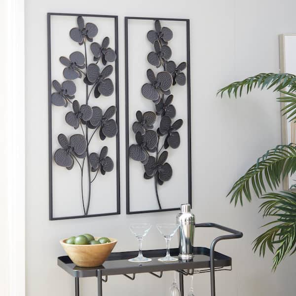 Litton Lane Metal Black Orchid Floral Wall Decor with Black Frame (Set of 2)