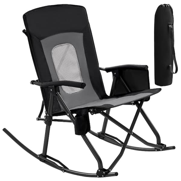 Oversized Folding Rocking Camping Chair Portable Outdoor Rocker with High Back Hard Armrests Carry Bag Black Grey