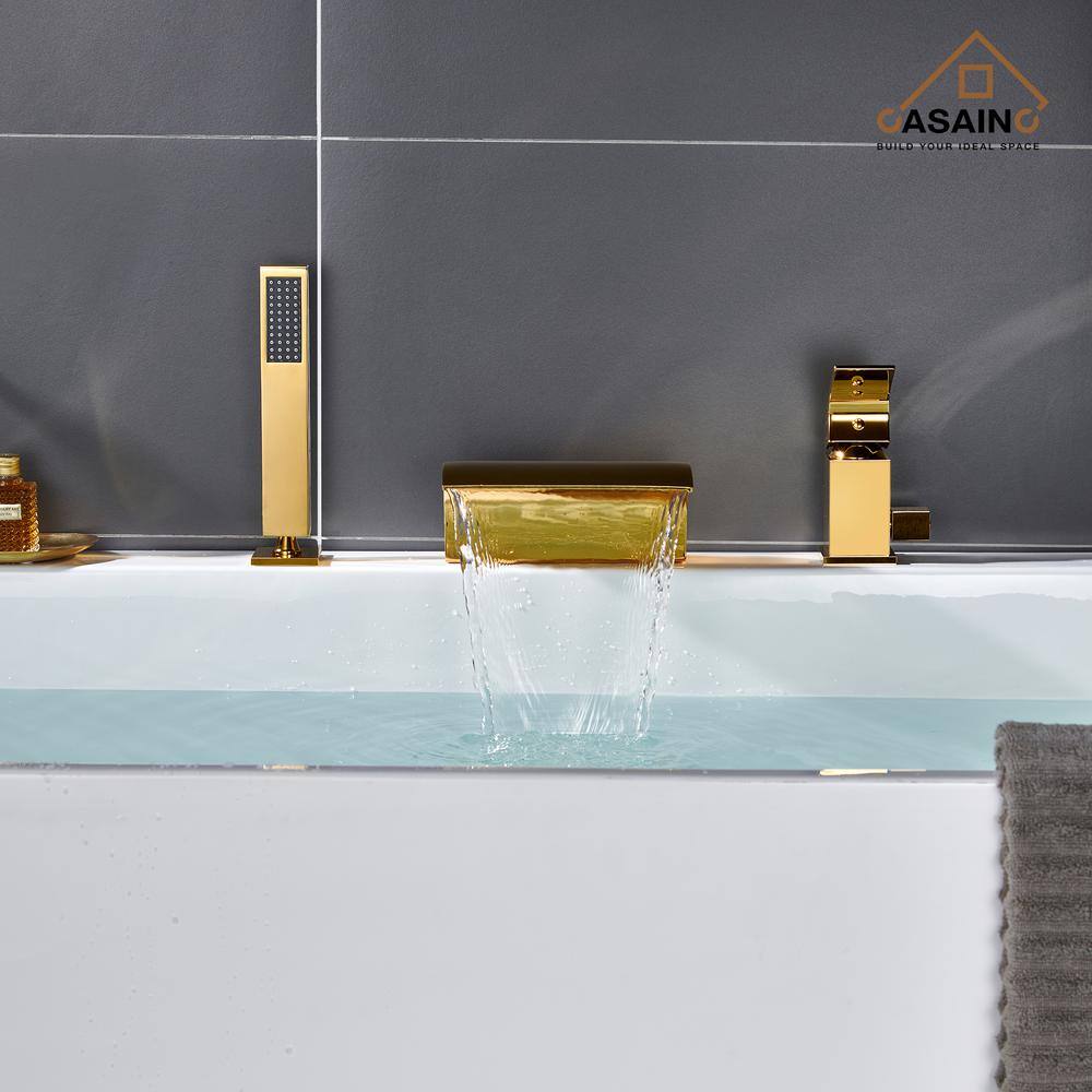 Gold Deck Mounted Waterfall Tub Faucet with Hand Shower