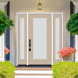 Legacy 68 in. x 80 in. Full Lite Rain Glass RHIS Primed Sandstone Finish Fiberglass Prehung Front Door w/Dbl 14 in. SL