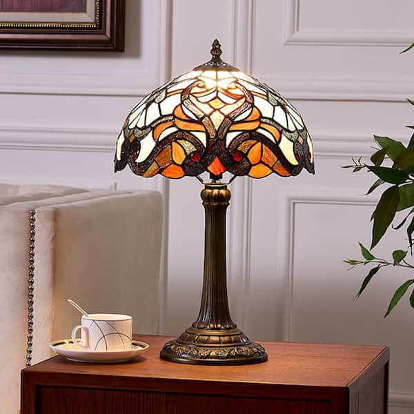 19 in. Multi-Colored Tiffany Style Bronze Finish Table Lamp with Baroque Stained Glass Lamp Shade