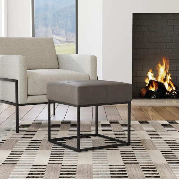 Homepop Pewter Gray Faux Leather Small Square Metal Ottoman