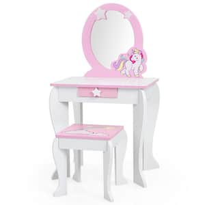 2-Piece Rectangle White Wood Top Kids Vanity Set Makeup Table and Chair Set for Toddlers with Detachable Mirror