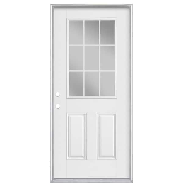 Masonite 36 in. x 80 in. 9-Lite Internal Grille Right-Hand Inswing Primed Smooth Fiberglass Prehung Front Exterior Door