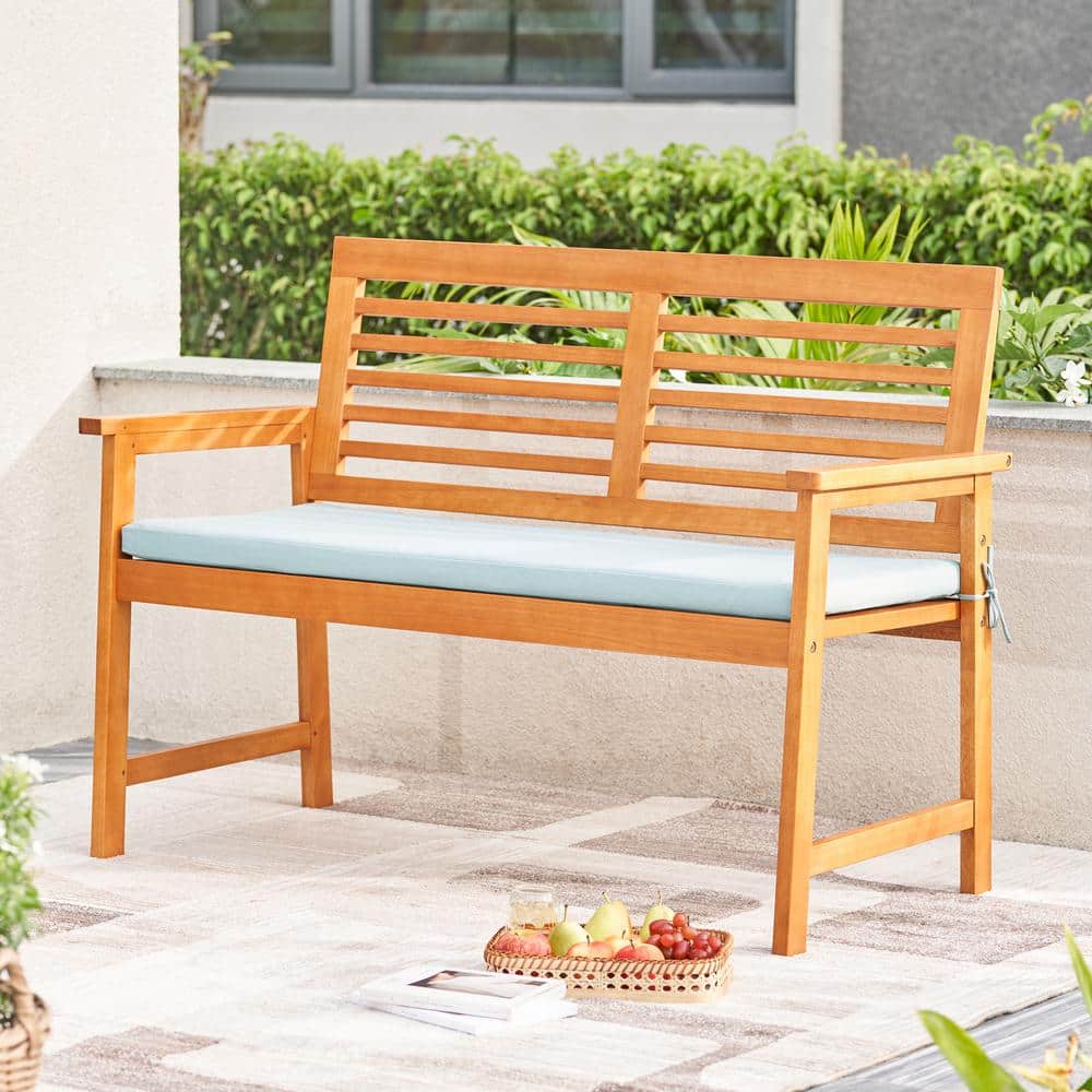 Afoxsos 3-Person Teak Brown Wood Outdoor Bench with Light Gray Cushion,  Slatted Eucalyptus Wood Garden Bench HDMX1221 - The Home Depot
