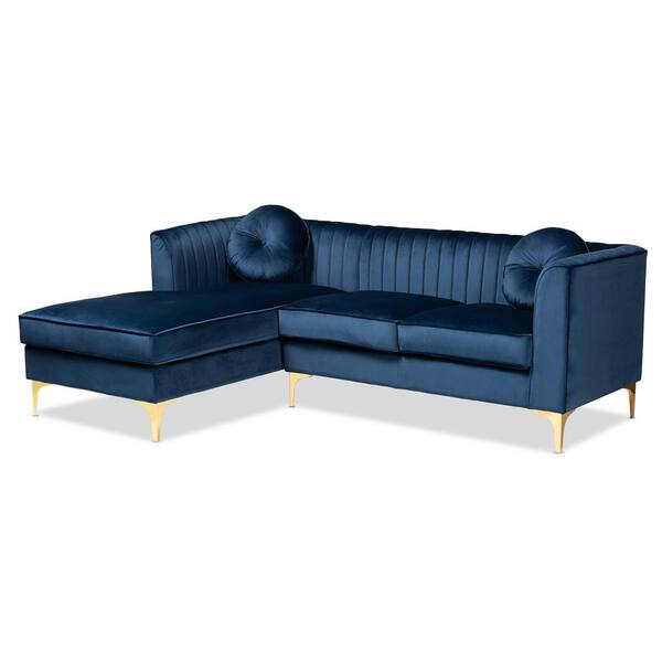 Baxton Studio Giselle 2-Piece Navy Blue Channel Tufted-Velvet L-Shaped Right-Facing Sectional Sofa with Gold Legs