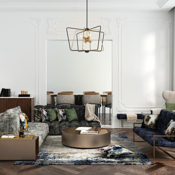 Modern Transitional 6-Lights Black and Gold Square Chandelier, Geometric Hanging Pendant Light for Foyer, Living Room