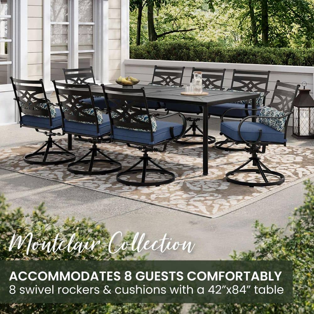 Montclair Navy Blue 9-Piece Steel Outdoor Dining Set with Swivel Rockers