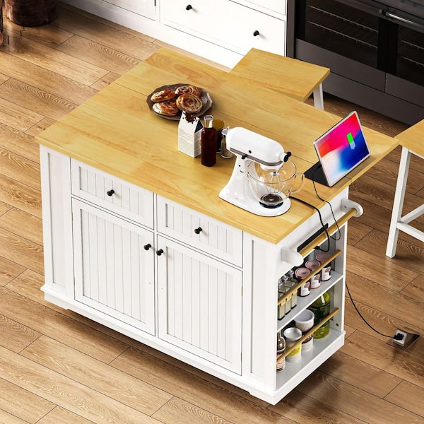 White Wood 48 in. Kitchen Island with Drop Leaf, Power Outlet, Internal Storage Rack, 5-Open Side Racks