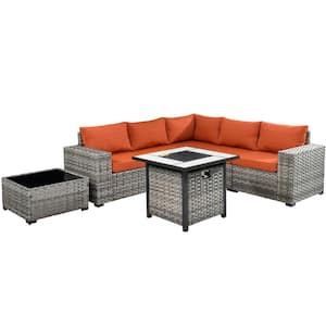 Crater Gray 7-Piece Wicker Wide-Plus Arm Outdoor Patio Conversation Sofa Set with a Fire Pit and Orange Red Cushions