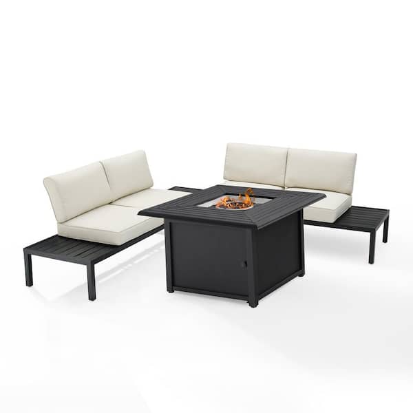 CROSLEY FURNITURE Piermont Black 4-Piece Metal Outdoor Patio Sectional Set with Creme Cushions and Firepit