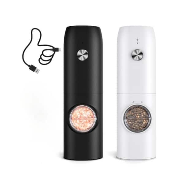 2 Pack Rechargeable Black/White Automatic Electric Salt and Pepper Grinder Set, Type-C Charging, 5 Adjustable Coarseness
