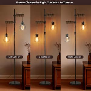 65 in. Black Wood Retro 2-Light Standard Tree Floor Lamp with Double Headed Light Dual Switch for Living Room Bedroom