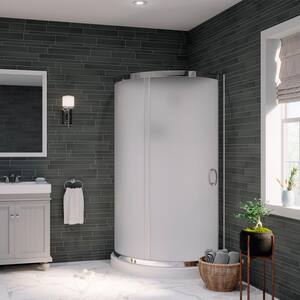 Breeze 36 in. L x 36 in. W x 76 in. H Corner Shower Kit with Frosted Glass, Shower Base and Wall in White