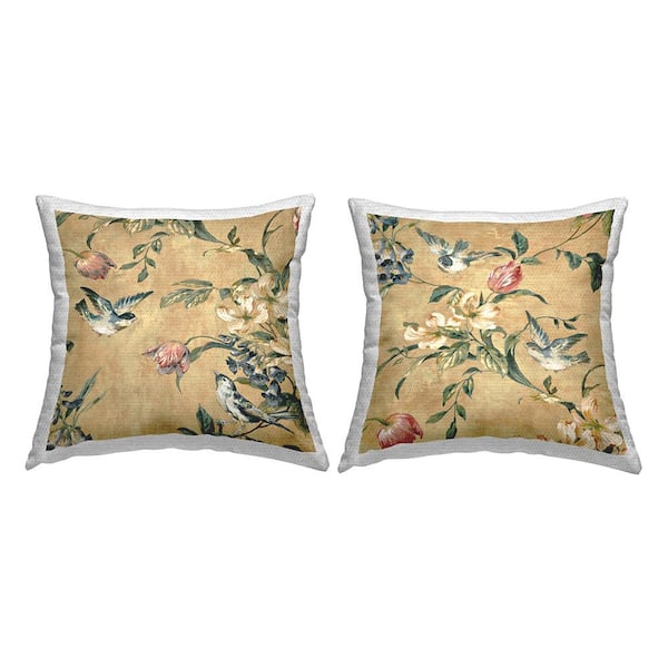 Traditional Birds Floral Branch Gold Square Outdoor Throw Pillow 2-Pack
