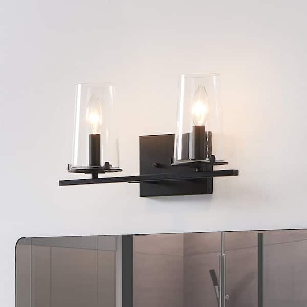 Jared 15-in. 2-light Matte Black Vanity Light with Clear Glass Shades