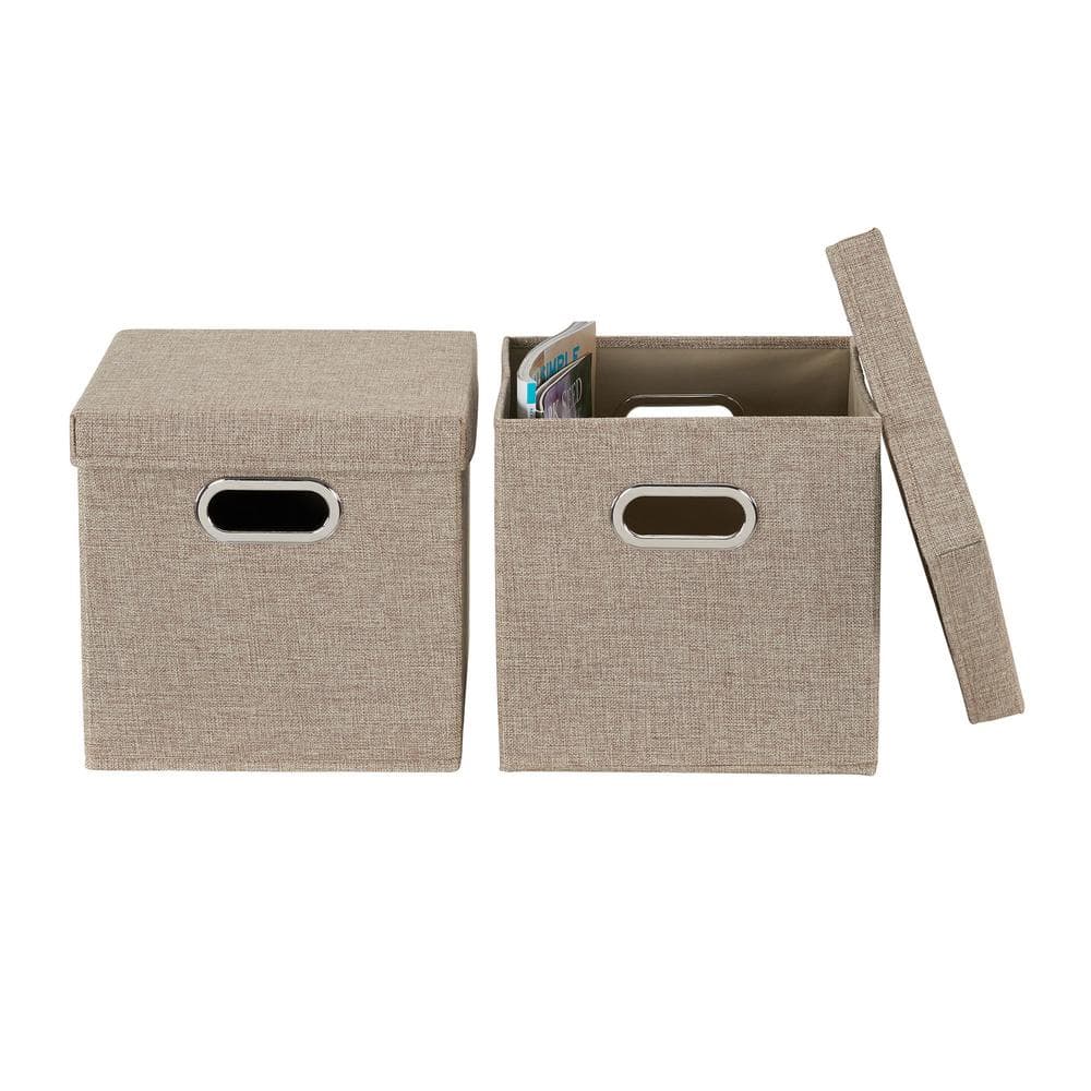 Set of 2 Beige Linen Fabric Collapsible Storage Cubes with Lids
