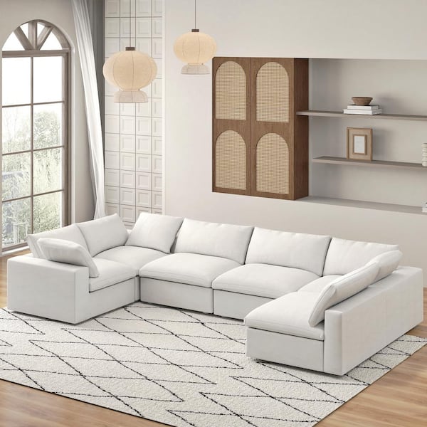 157 in. Square Arm 6-Piece Linen U-shaped Sectional Sofa Cloud Couch in White with Storage Ottomans