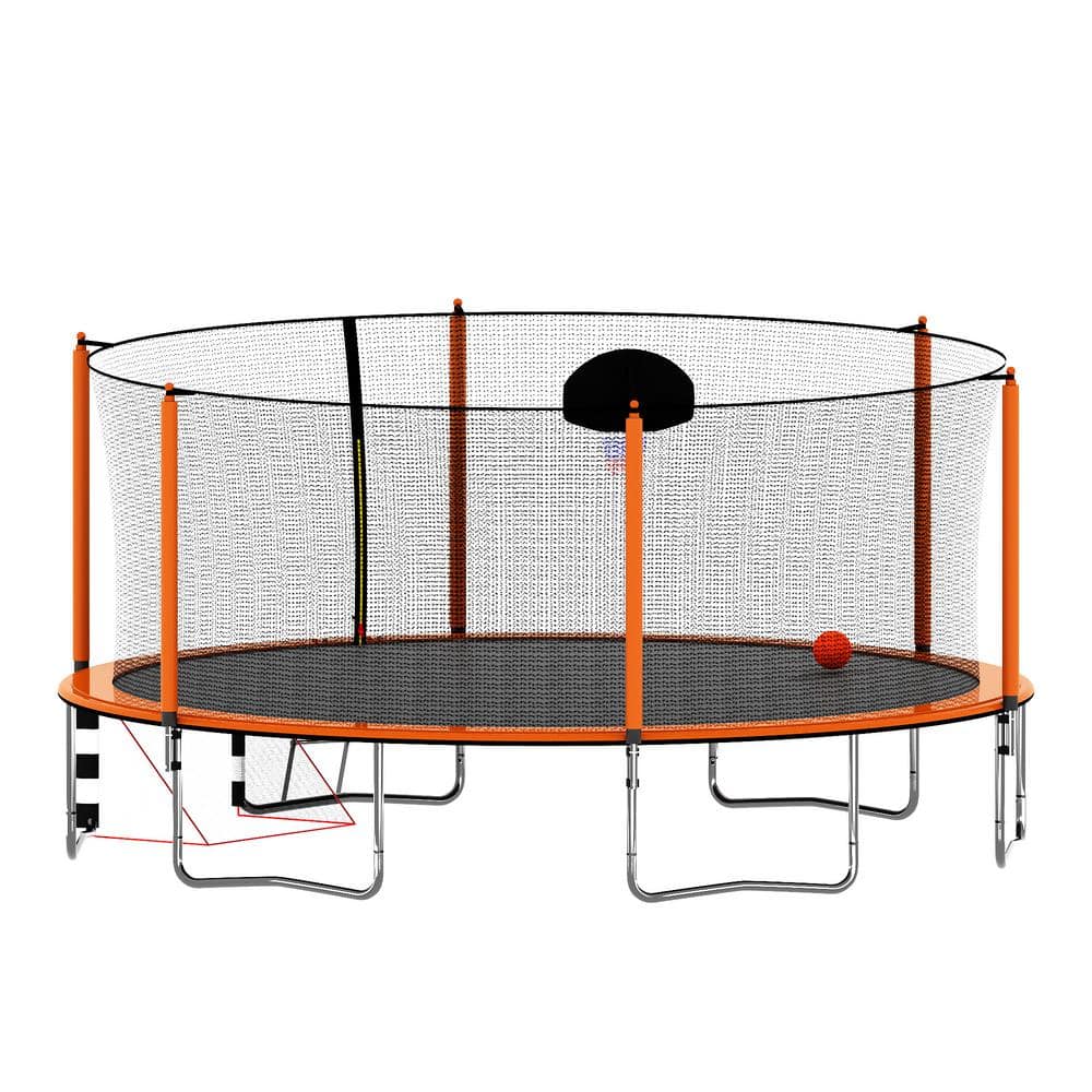 16ft Orange Trampoline with Basketball Hoop, Ladder, and Enclosure