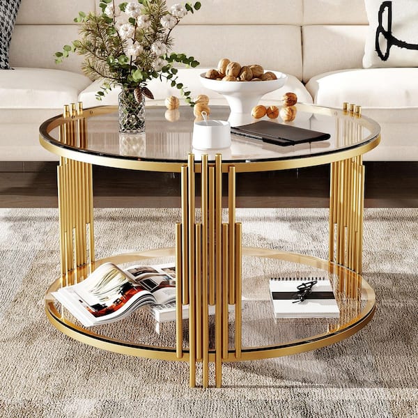 31.5 in. Transparent Round Tempered Glass Coffee Table with Storage Shelf, Circular Metal Drum Base, Gold Finish