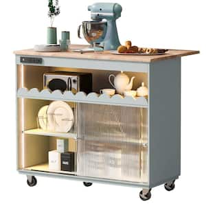 Gray Blue Rubber Wood Top 44.02 in. Kitchen Island with Power Outlets and 2 Sliding Fluted Glass Doors